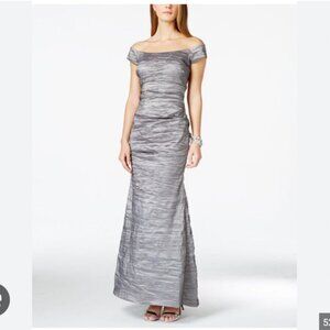 Alex Evenings Silver Off-Shoulder Maxi Dress